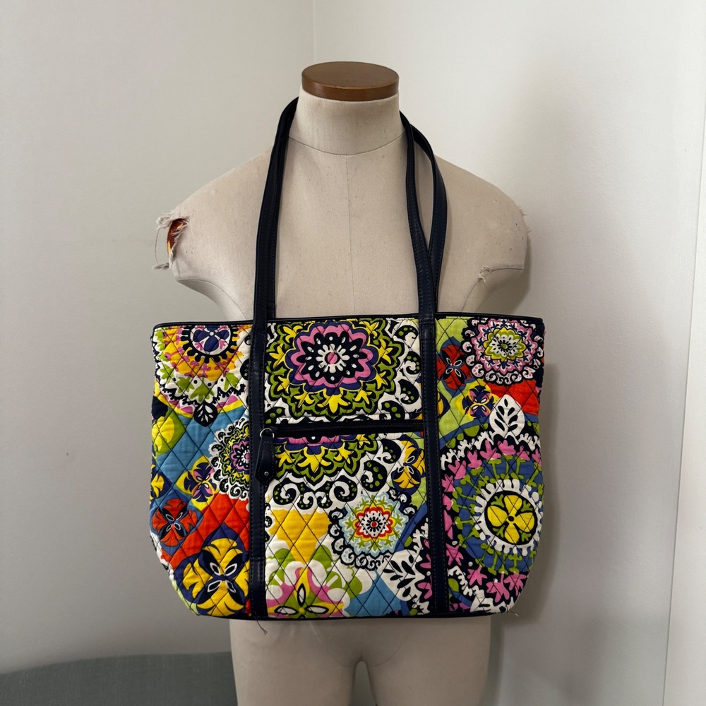 Vera Bradley Large Tote Bag Rio Pattern Blue Leather Trim